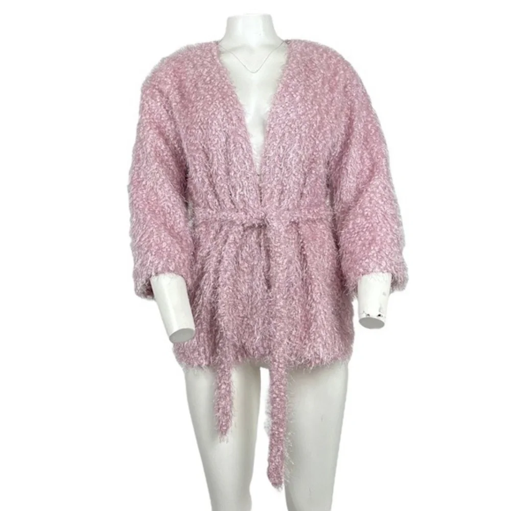 Pink Luxe Fuzzy Belted Sweater Shaggy Cardigan NWT